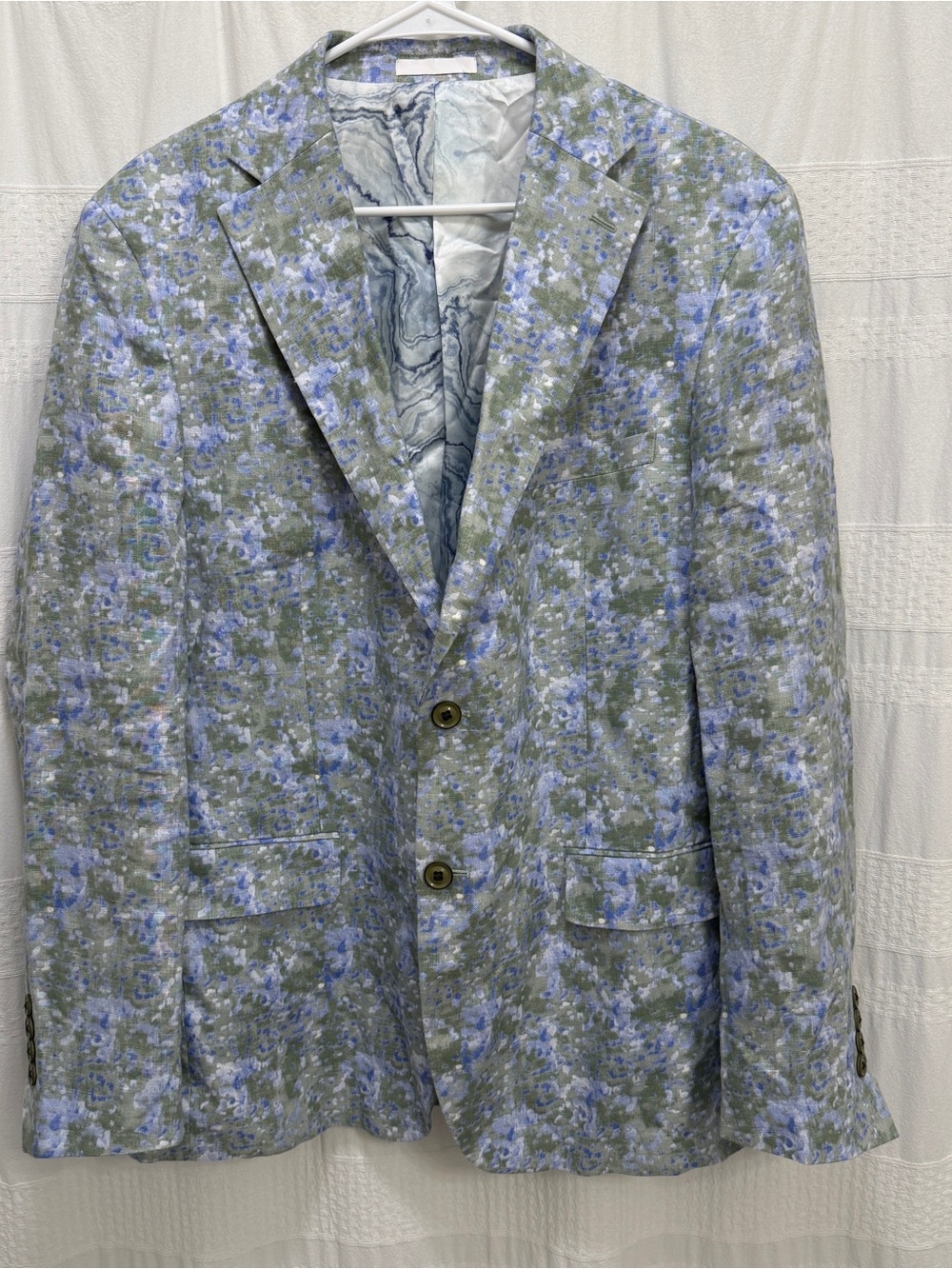 Tallia 100% Linen AOP Blazer Blue Green Men’s 42R Abstract Pattern Lightweight